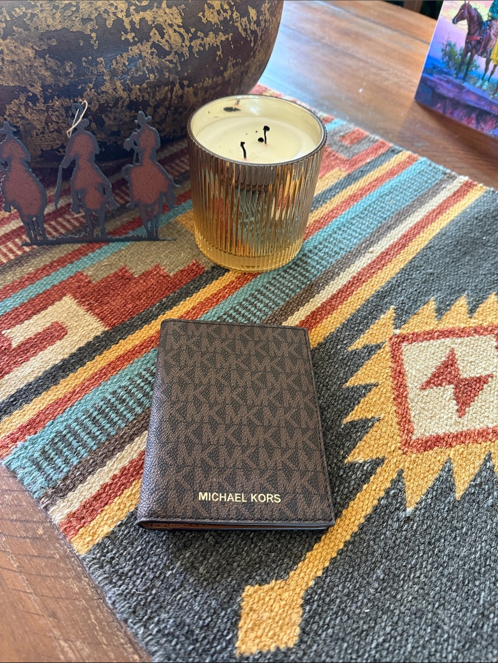 Michael Kors Brown Signature MK Passport Cover with Gold Logo
